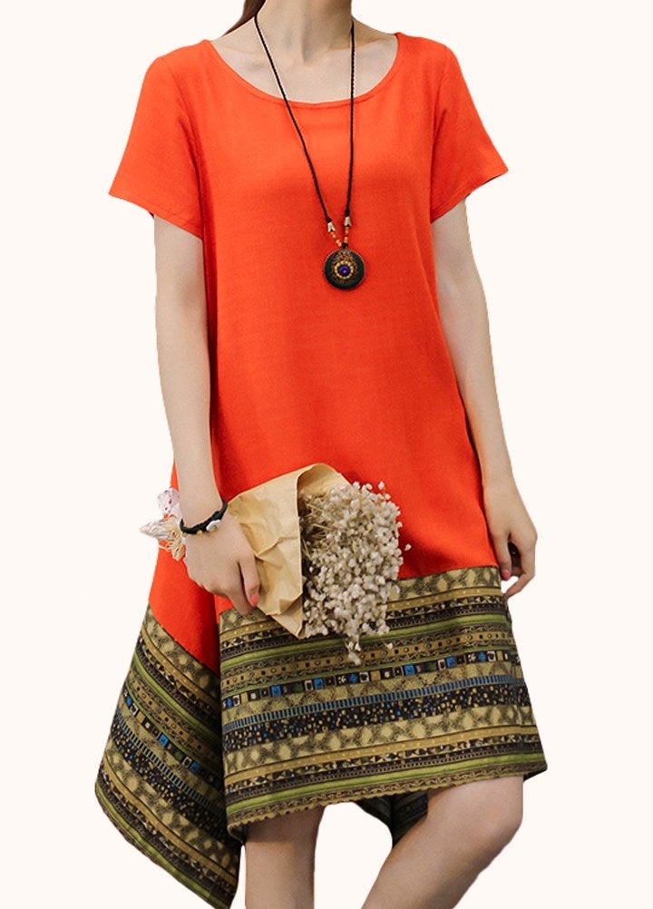 Minibee Women's Ethnic Cotton Linen Short Sleeves Irregular Tunic Dress (M, Orange) - Image 2